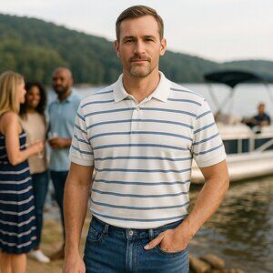 Izod Men's Large Blue Striped Short Sleeve 100% Pima Cotton Polo Shirt